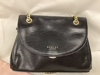 Radley London Black Leather Bag, Crocodile effect, with gold chain handle and pink slip cover