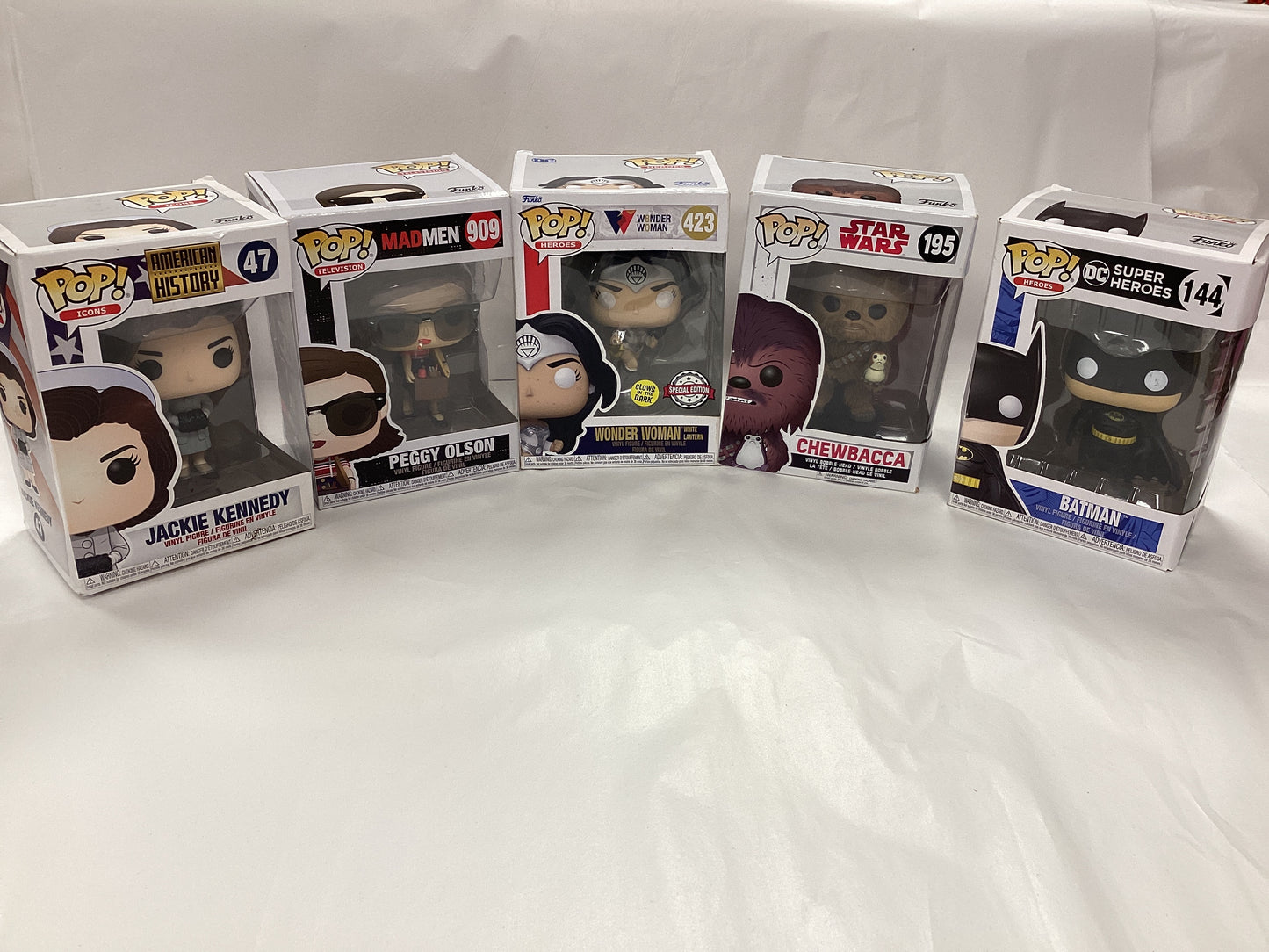 New mixed bundle Funko Pops - Jackie Kennedy (47), Batman (144), Peggy Olson (909), Glow in the Dark Wonder Woman (423), Chewbacca (195)