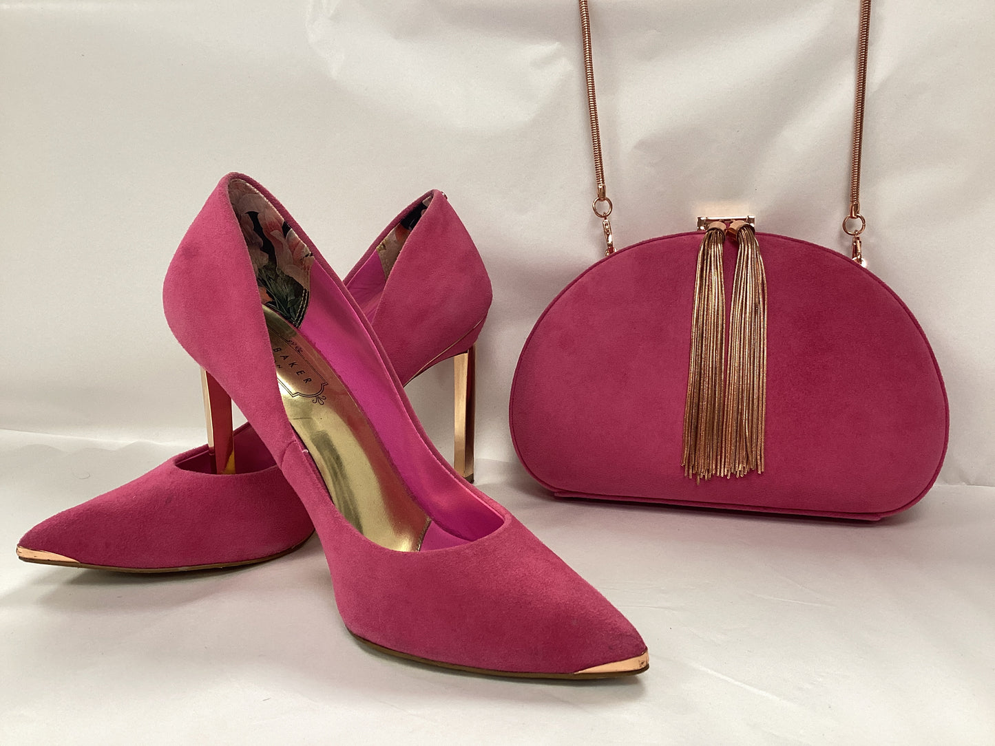 Ted Baker High Heels size UK4 and matching bag. Pink with Rosegold accents