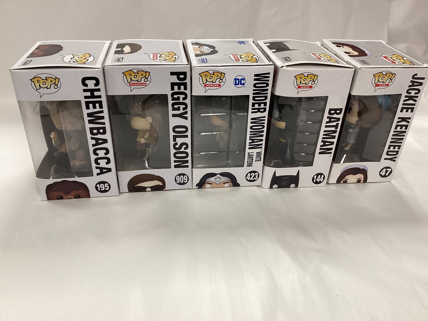 New mixed bundle Funko Pops - Jackie Kennedy (47), Batman (144), Peggy Olson (909), Glow in the Dark Wonder Woman (423), Chewbacca (195)