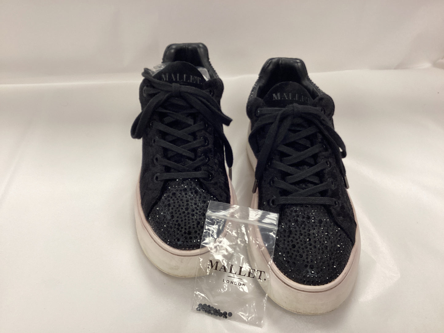 Mallet London Black Ladies Trainers, size UK4, with spare rhinestone's