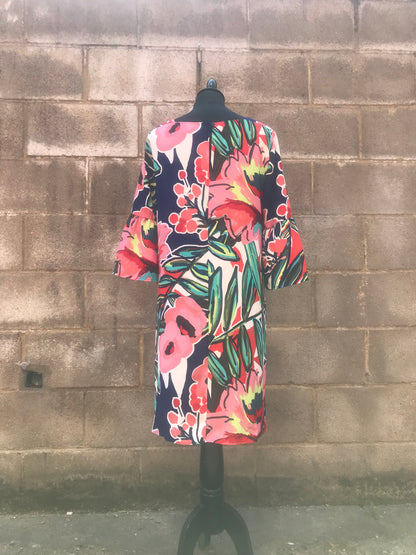 M&S Bright Floral Patterned Mid Length Dress with 3/4 Bell Bottomed Sleeves and  Square Cut Neckline