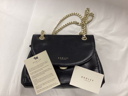 Radley London Black Leather Bag, Crocodile effect, with gold chain handle and pink slip cover