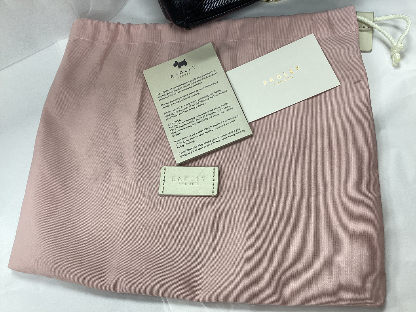 Radley London Black Leather Bag, Crocodile effect, with gold chain handle and pink slip cover