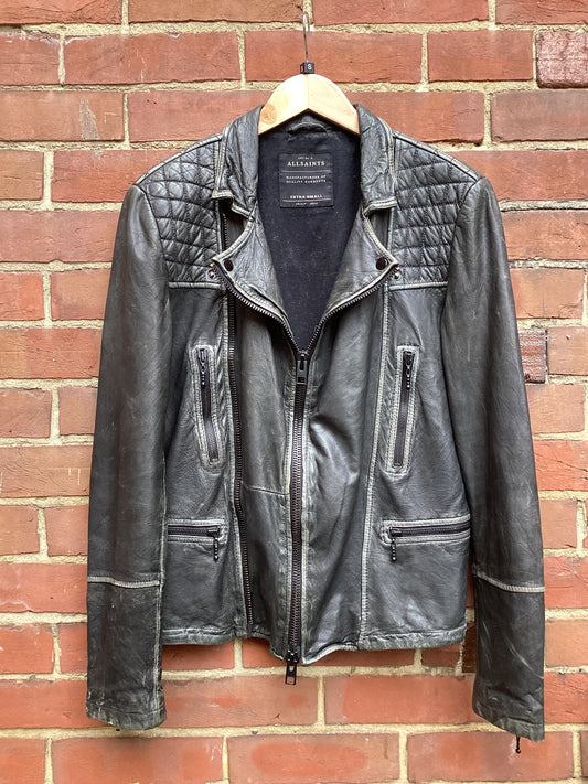 All Saints Grey Leather Jacket UK Size XS