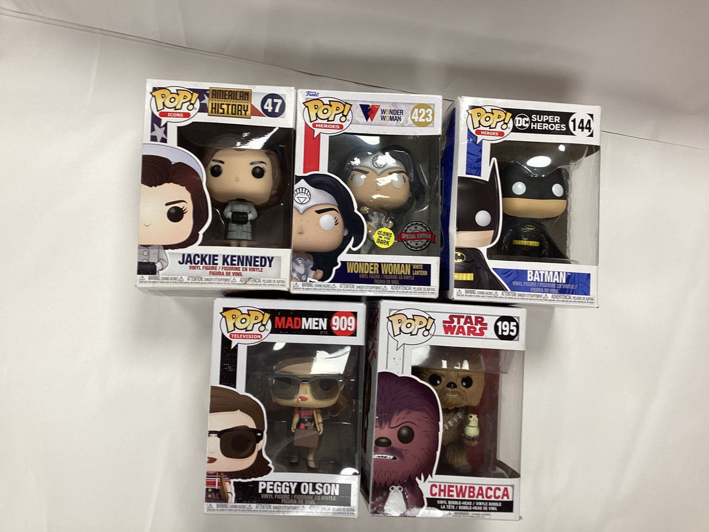 New mixed bundle Funko Pops - Jackie Kennedy (47), Batman (144), Peggy Olson (909), Glow in the Dark Wonder Woman (423), Chewbacca (195)