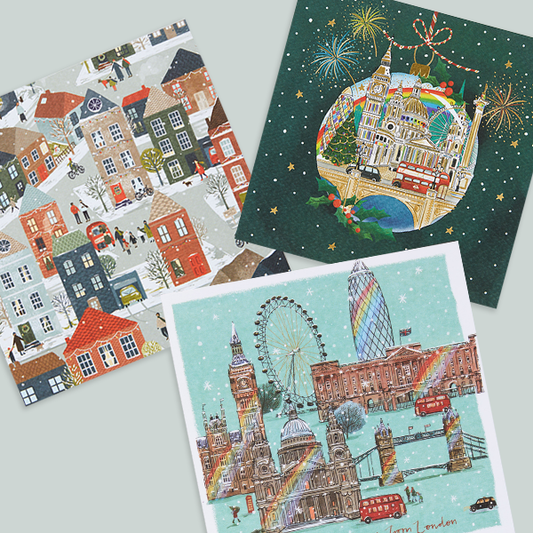 Three christmas cards with London-inspired designs