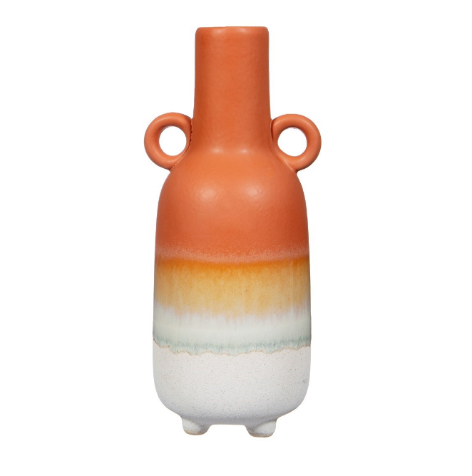 large terracotta vase with two small loop handles against a white backdrop