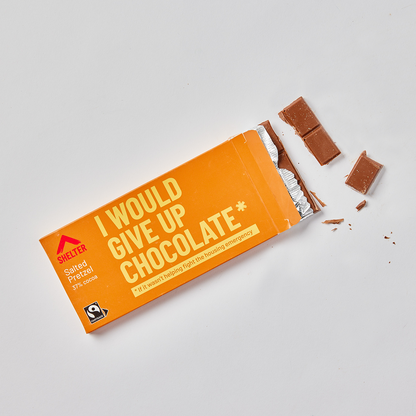Salted pretzel chocolate in orange wrapper with yellow text
