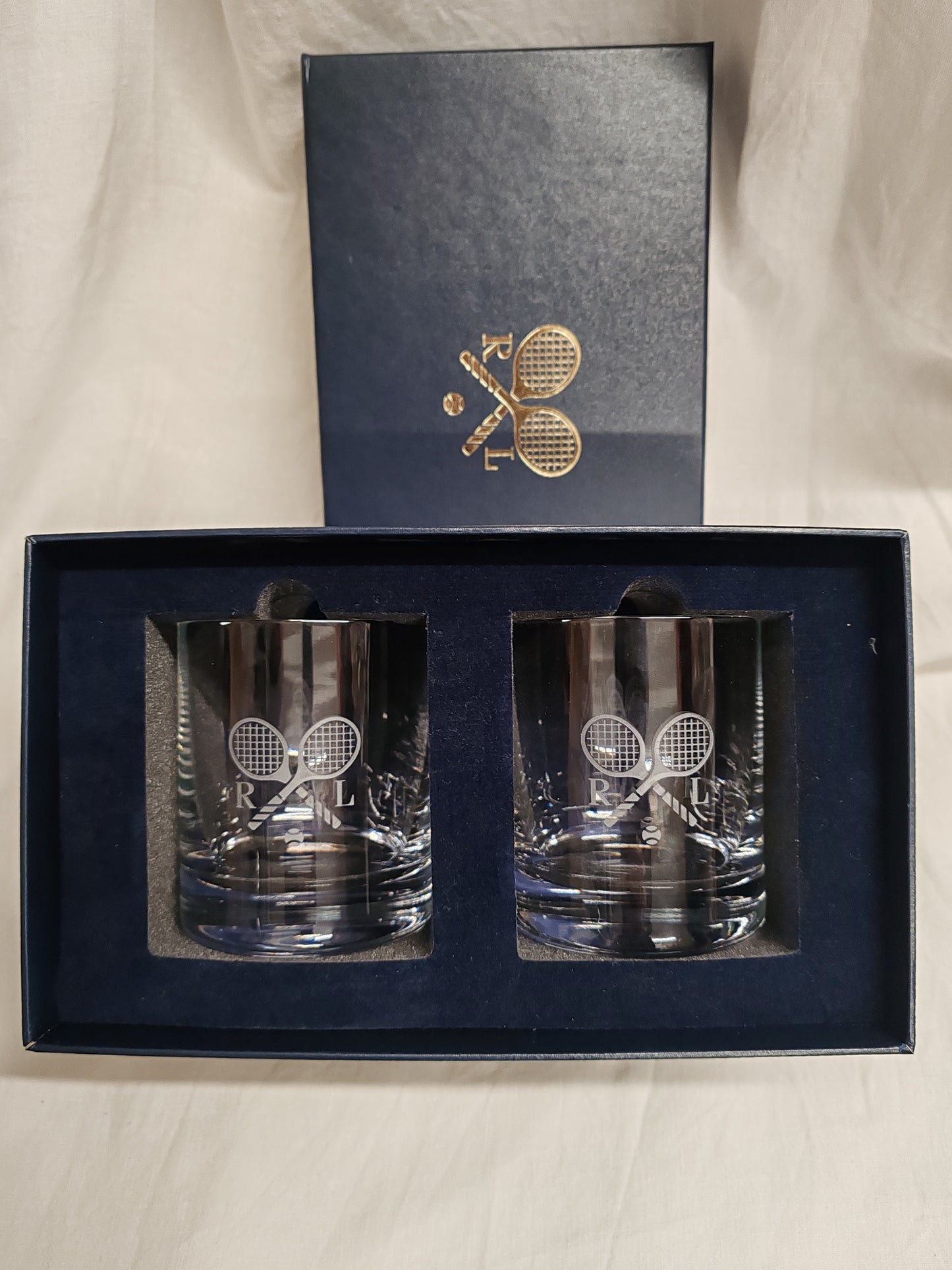 Ralph Lauren Ashby Glass Whisky Tumblers Tennis Etching in Original Box