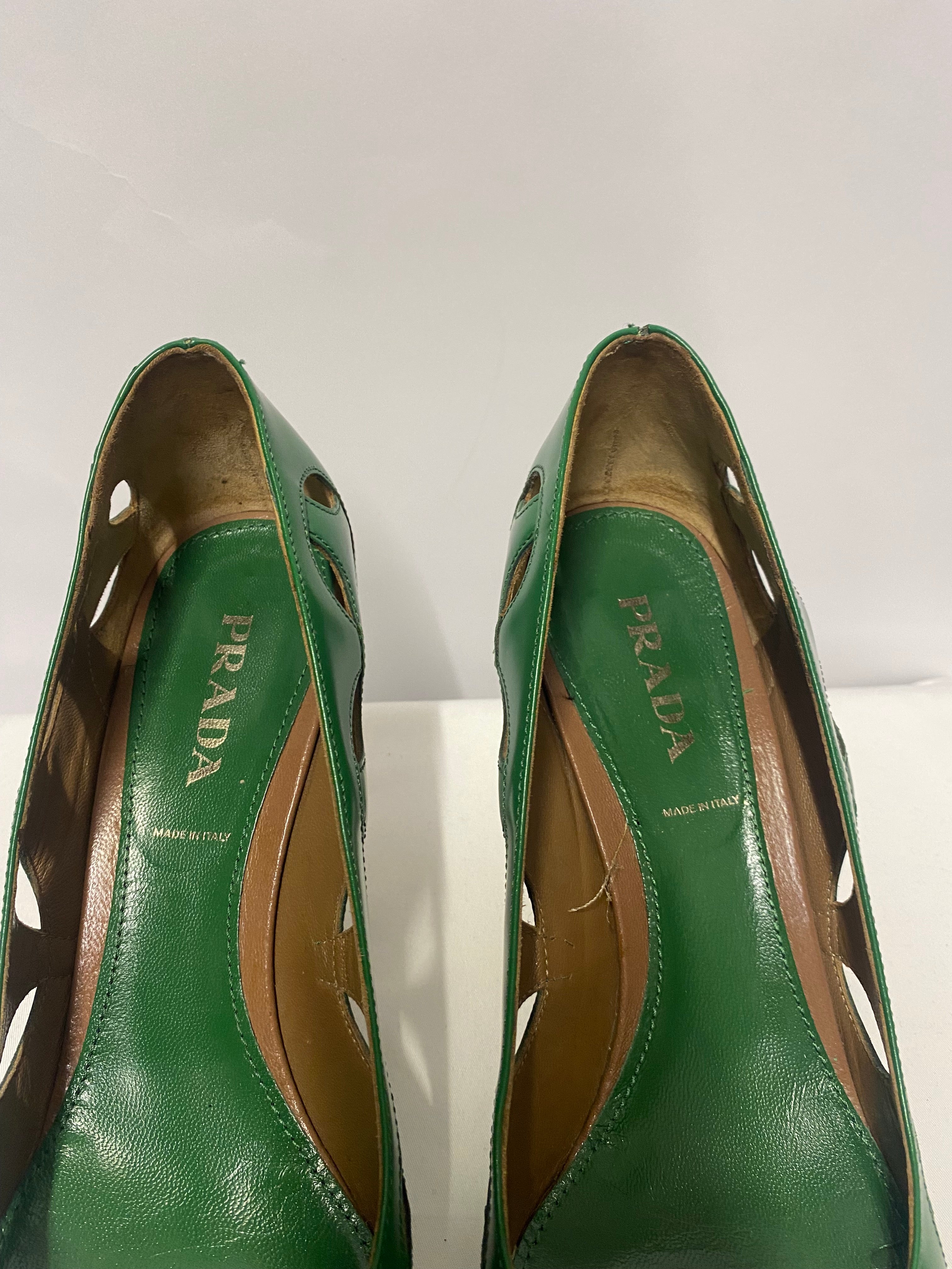 Prada Kelly Green Laser Cut Leather Pumps 7.5
