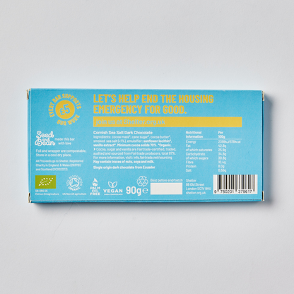 Cornish sea salt chocolate with blue wrapper & yellow text showing nutritional information