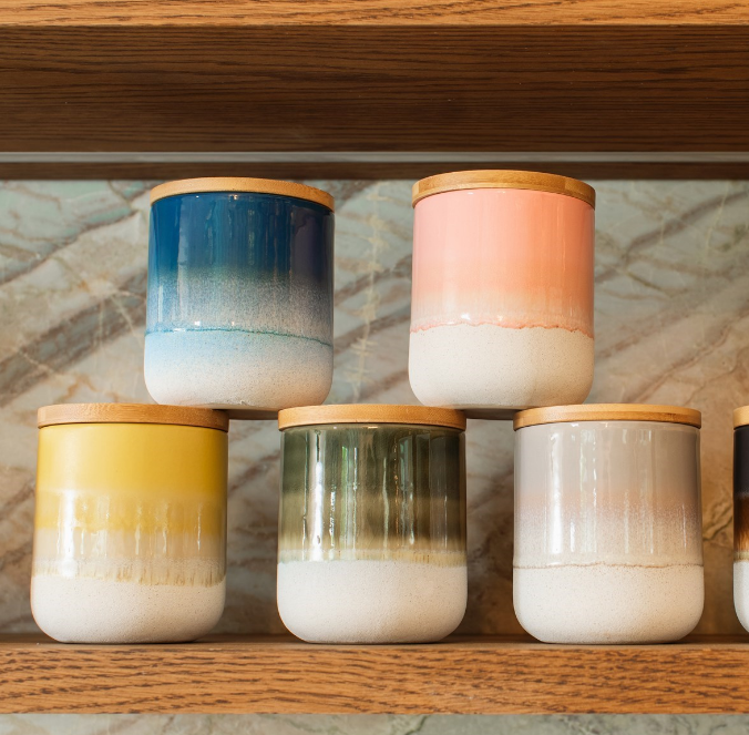 mojave jar and lid range shown on rustic kitchen shelf