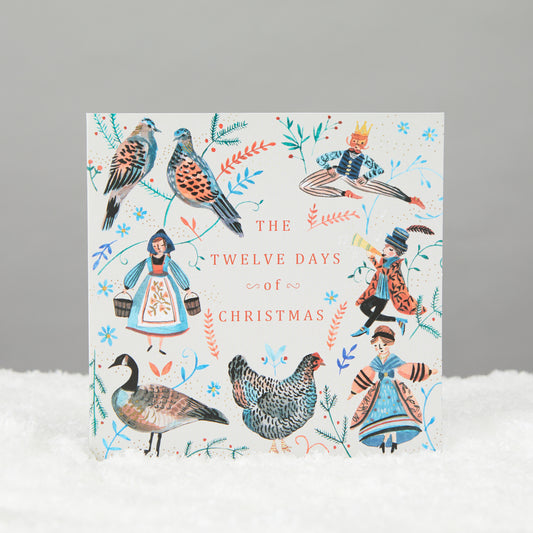 dainty watercolour style illustrations of characters from 12 days of christmas on square card