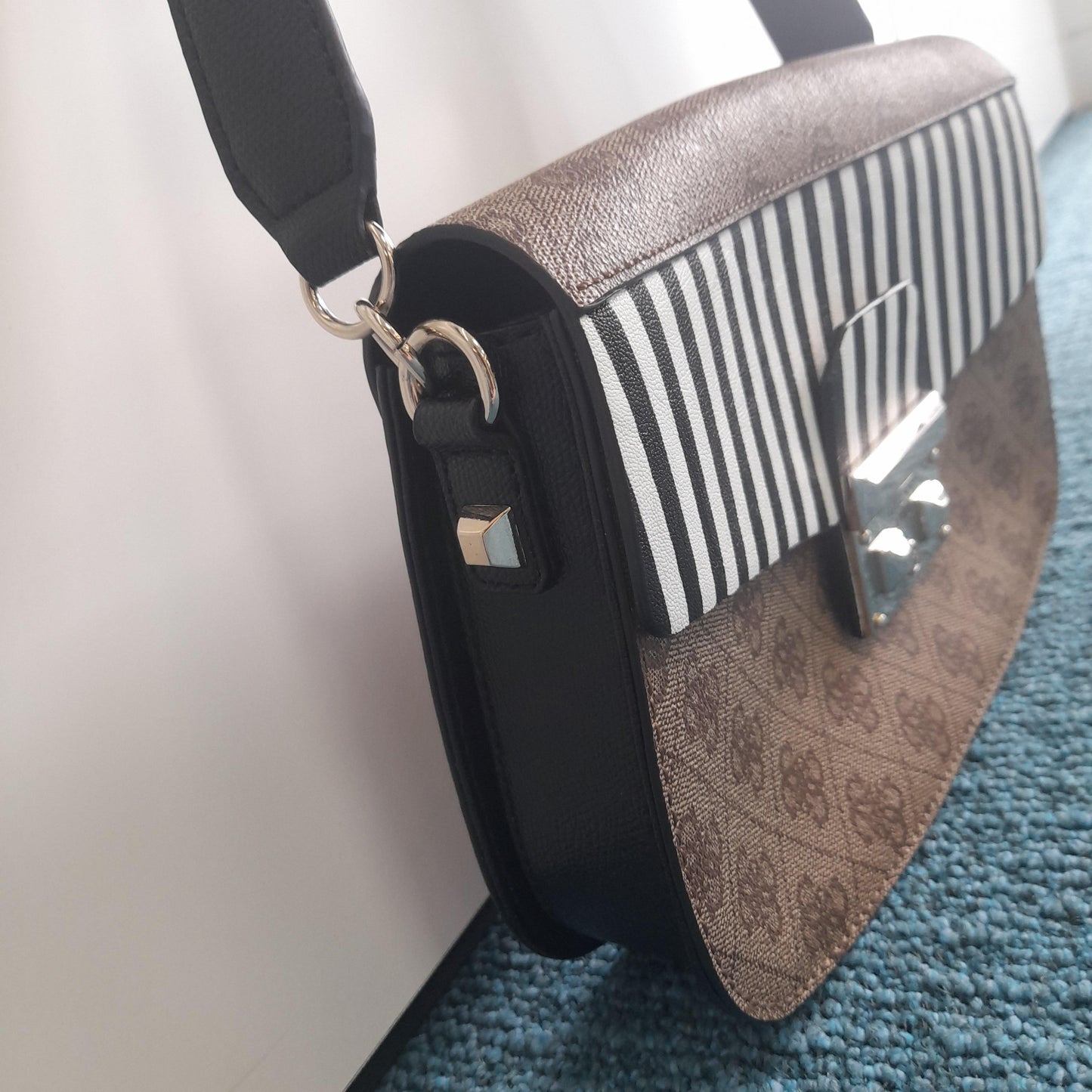 Guess Brown & Striped Shoulder Bag With Metal Fastener