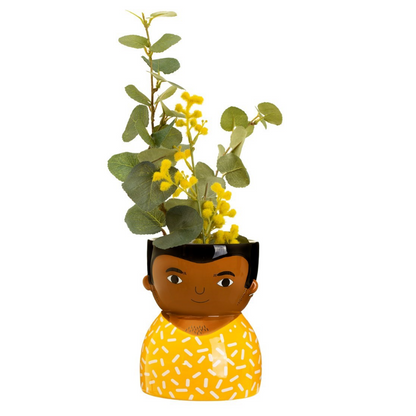 frontal image of ezra planter, showing his yellow top and head with hair and filled with foliage inside the planter