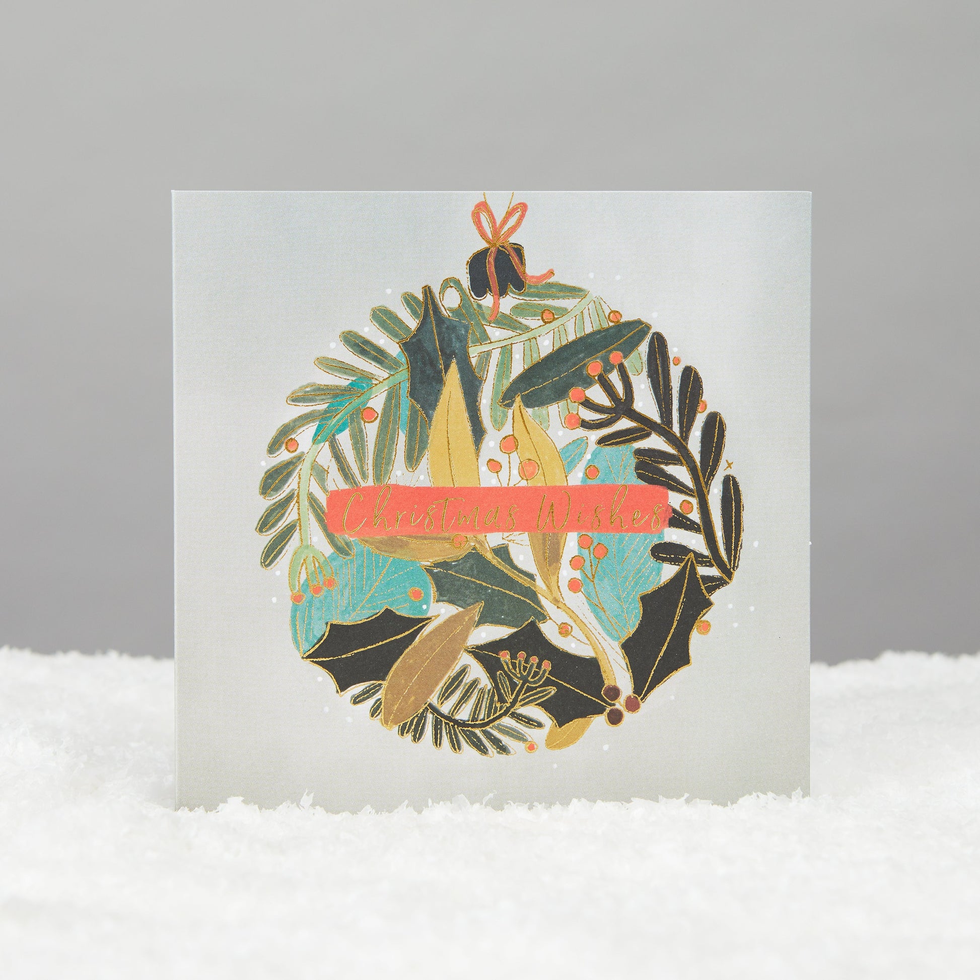 Square card with Christmas bauble decorated with foliage