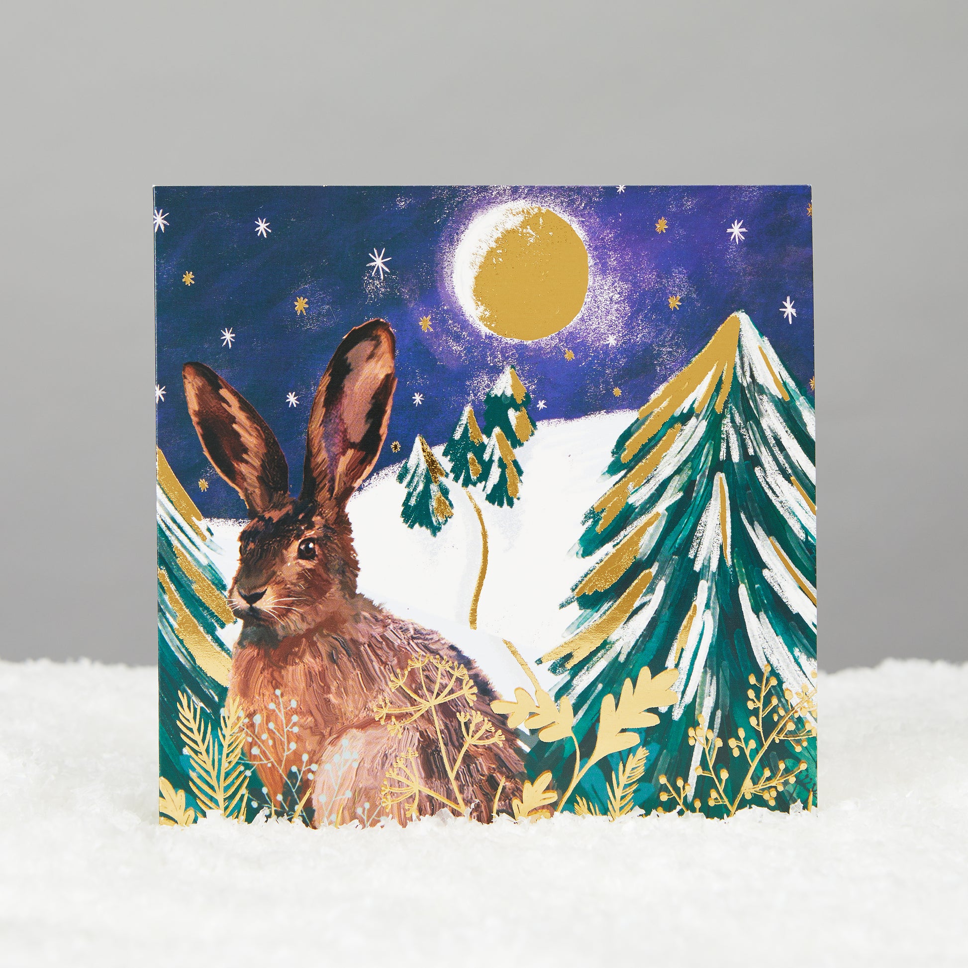 square card showing a hare at night with a full moon