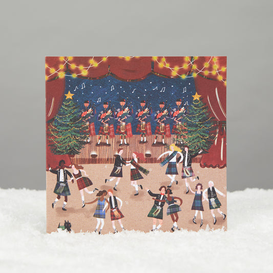 Square card showing drawing of pipers performing and people dancing