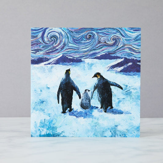 penguin family strolling in the snow with a van gogh style night sky