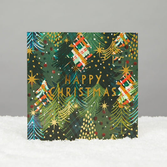 Tartan background detail with green & gold christmas tree overlay. Reads Happy Christmas in gold on square card