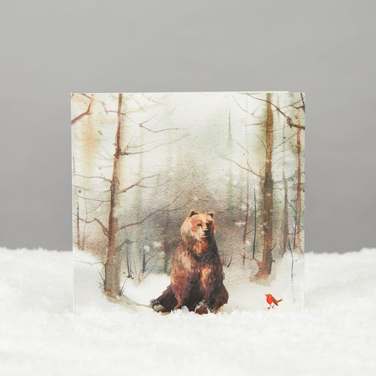 winter bear sat down in the forest with a robin. On square card