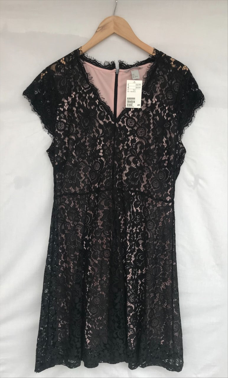 H&M Black and Pink Midi Dress, Size Large, BNWT, RRP £34.99