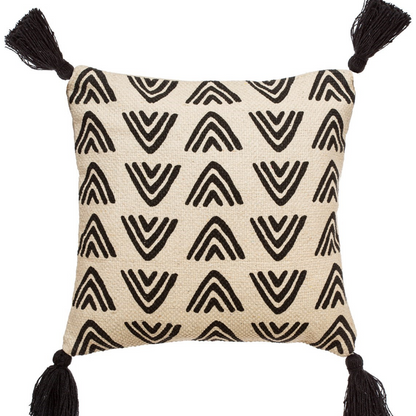 flat lay image of cushion showing the triangle pattern print detail and tassel corners 