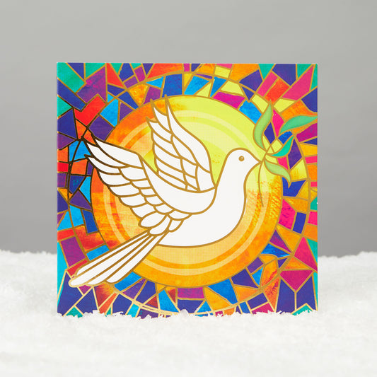bright stained glass drawing of dove of peace on square card