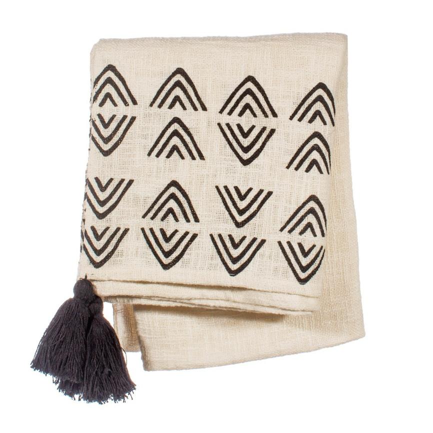 Folded triangle throw with close up of black tassel corners